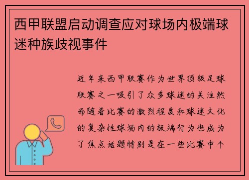 西甲联盟启动调查应对球场内极端球迷种族歧视事件